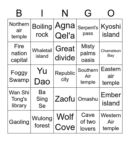 Avatar Seven Havens Location Bingo Card