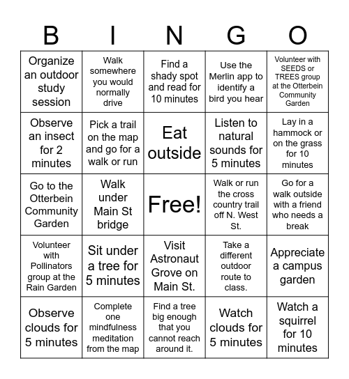 OTTERBEIN OUTDOORS Bingo Card