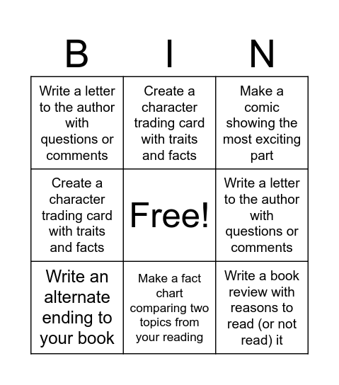 4th Grade Reading BINGO Card
