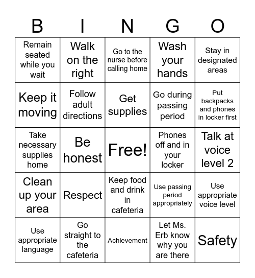 Welcome 7th Grade! Bingo Card