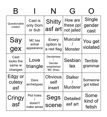 Shitty Dating Sim Bingo Card