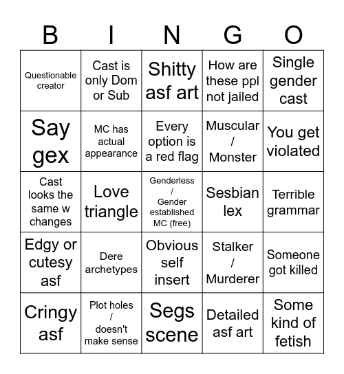 Shitty Dating Sim Bingo Card