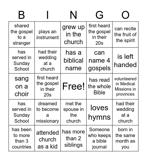 CHURCH - FIND SOMEONE WHO Bingo Card