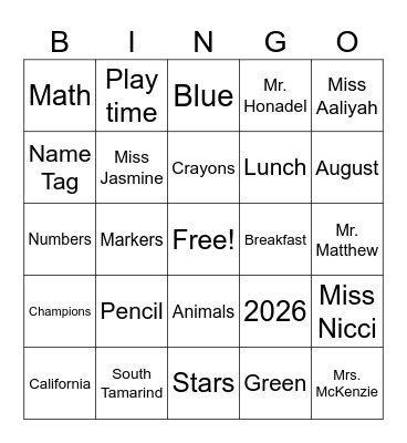 Back to school Bingo Card