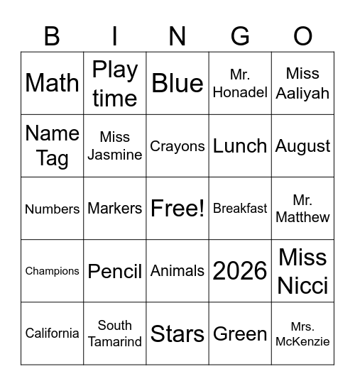 Back to school Bingo Card