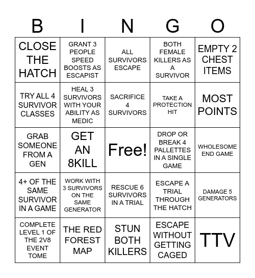 DBD 2V8 BINGO Card