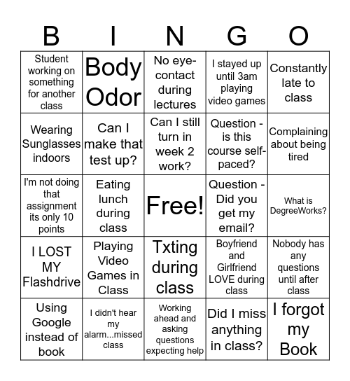 Things that make Professors CRAZY Bingo Card