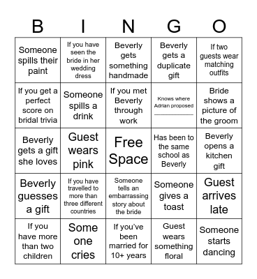 Bridal Bingo Card