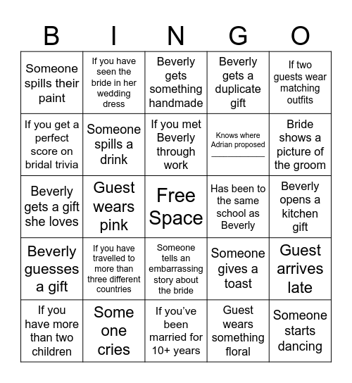 Bridal Bingo Card