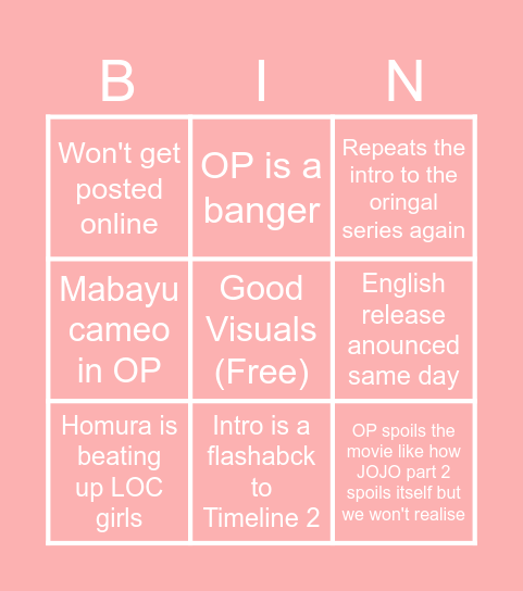 Kaiten Preview bingo Card