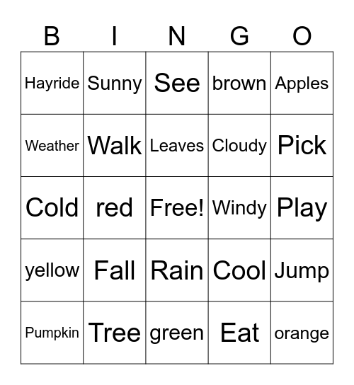 fall theme Bingo Card