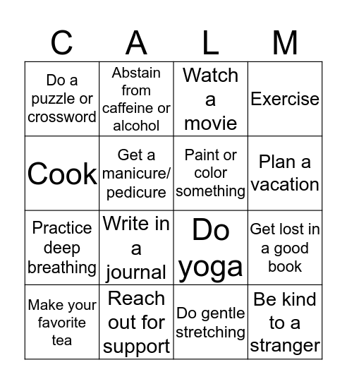 CALM DOWN BINGO Card