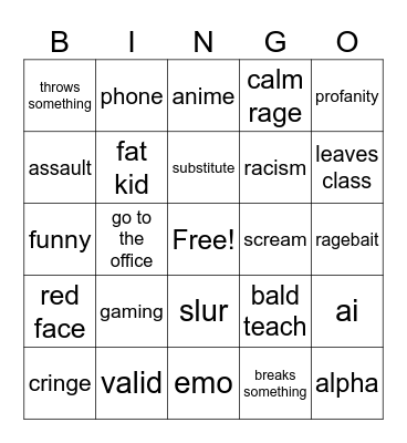 School Crashout Bingo Card