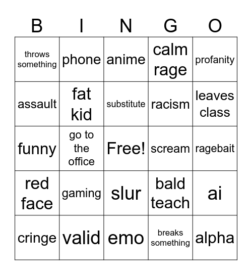 School Crashout Bingo Card