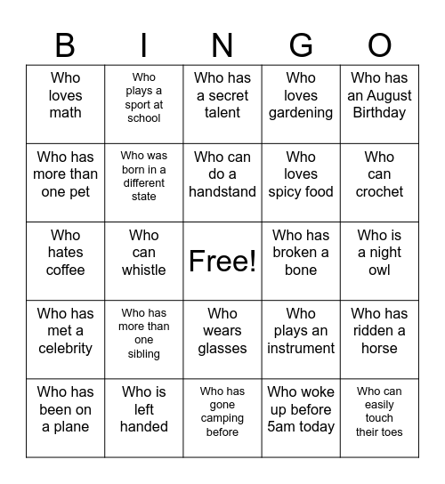 Find Someone In The Room... Bingo Card