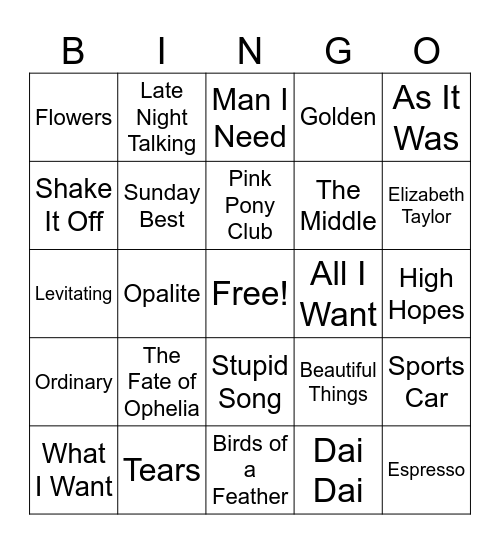 POP MUSIC BINGO Card