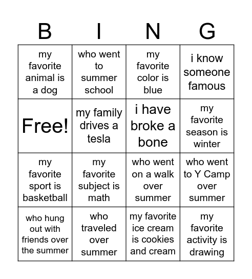YMCA JLS BINGO Card