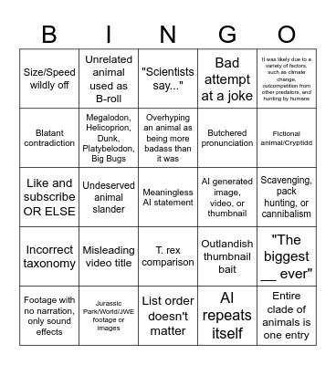 AI Dino Sludge Bingo Card