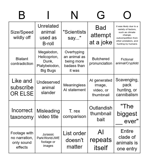 AI Dino Sludge Bingo Card