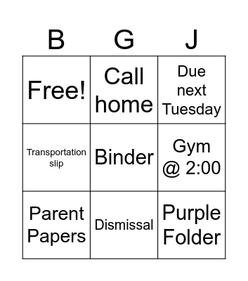 PM Homeroom Bingo Card
