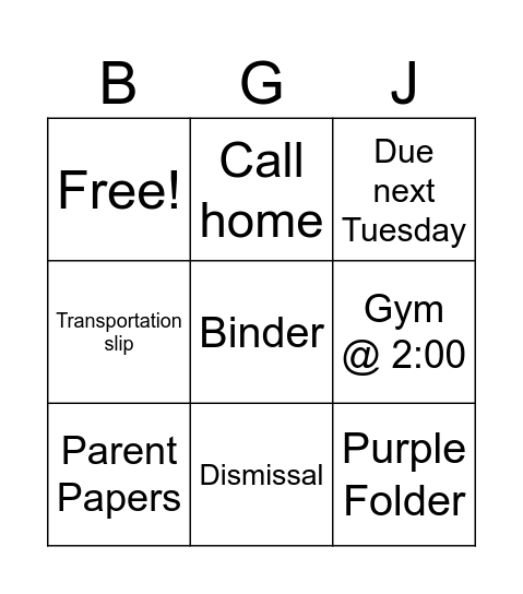 PM Homeroom Bingo Card