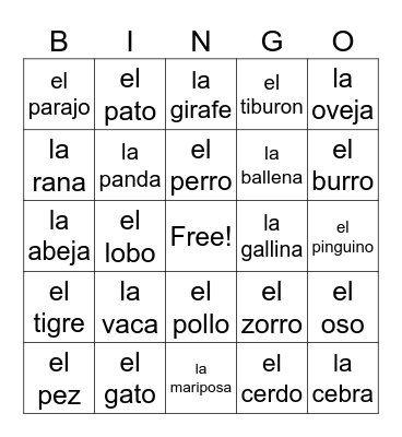 Los Animales Bingo Card