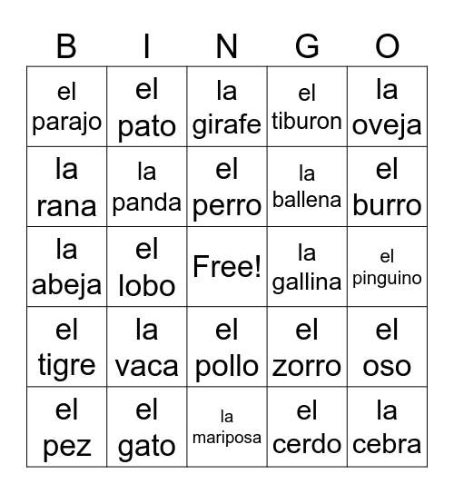 Los Animales Bingo Card