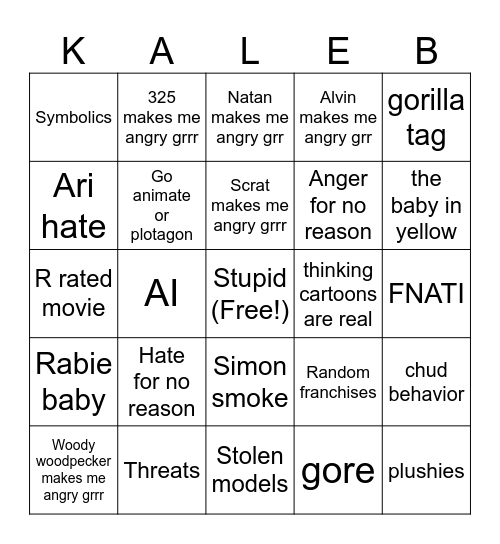 Kaleb Bingo Card