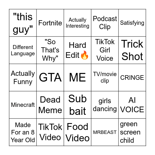 YouTube Shorts Bingo Card