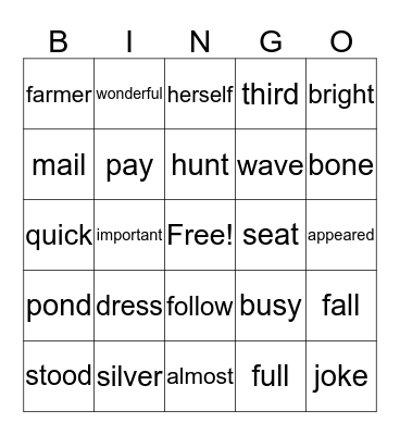Second Grade Word Bingo Card