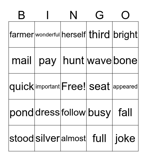 Second Grade Word Bingo Card