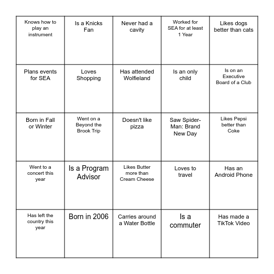 SEA Minglo! Bingo Card