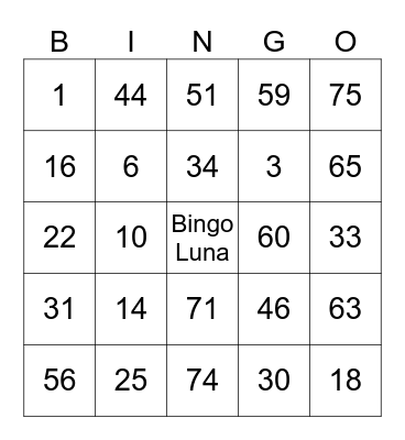Bingo luna Bingo Card