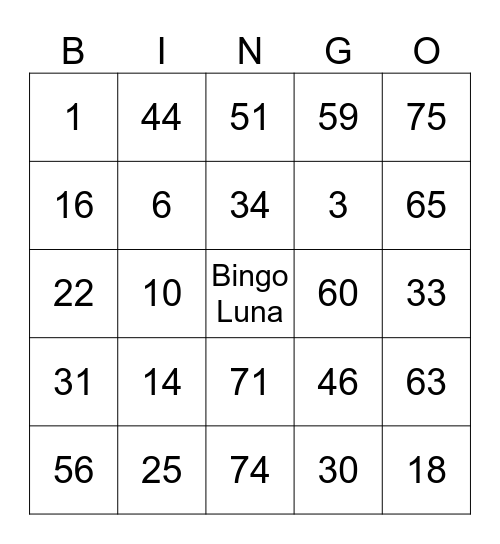 Bingo luna Bingo Card