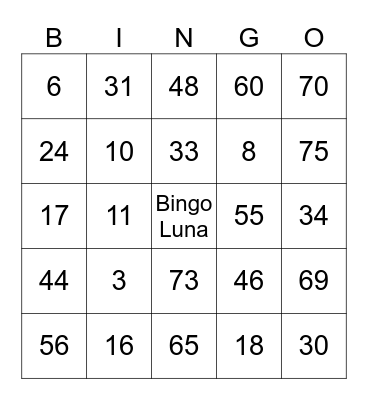 Bingo luna 02 Bingo Card