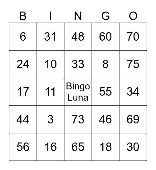 Bingo luna 02 Bingo Card