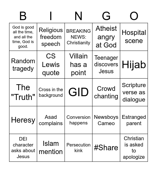 God's Not Dead Bingo Card