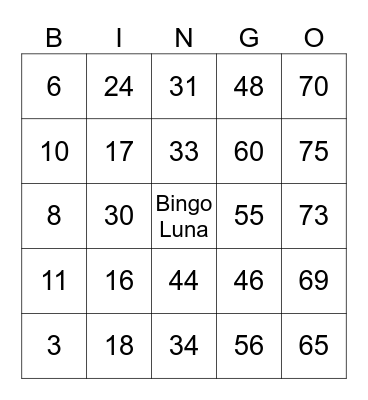 Bingo luna 02 Bingo Card