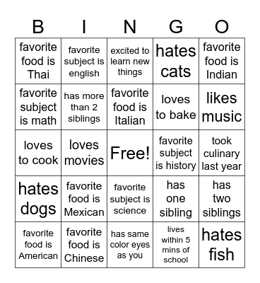Culinary Get to Know Each Other Bingo Card