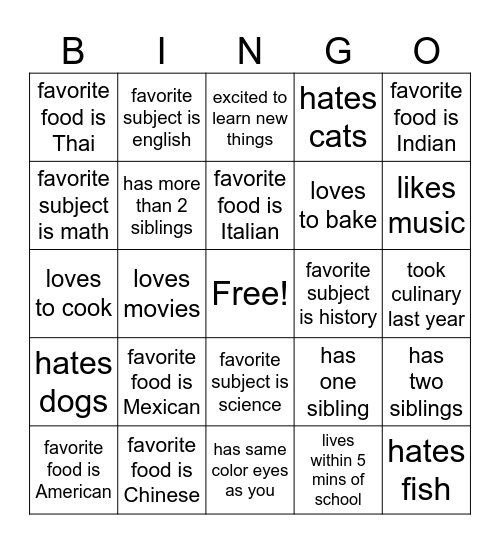 Culinary Get to Know Each Other Bingo Card