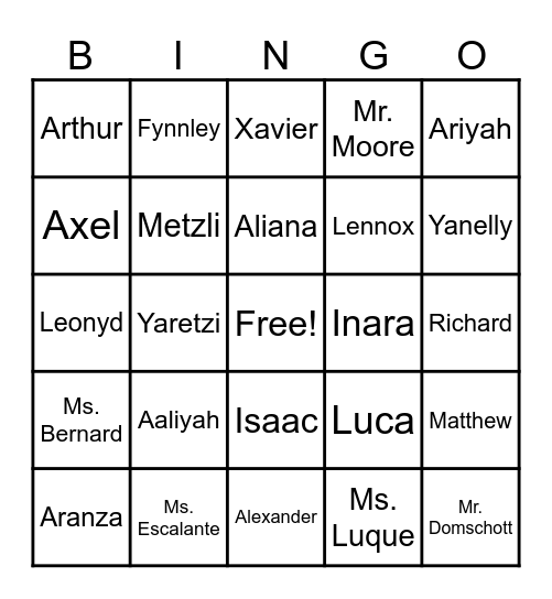 Mr. Serafica's Class Bingo Card