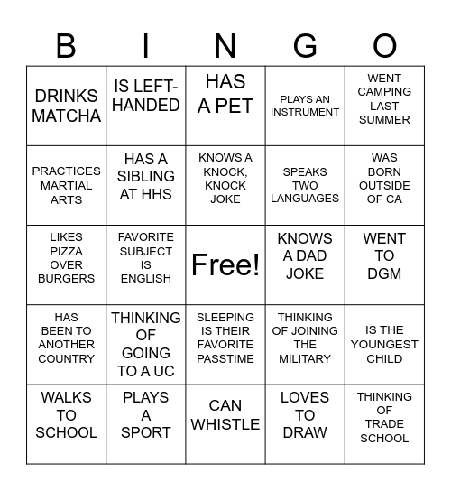 AVID Student BINGO Card
