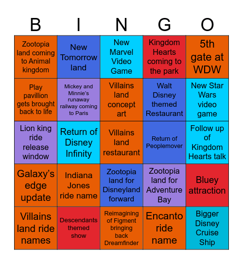 D23 Predictions Bingo Card Bingo Card
