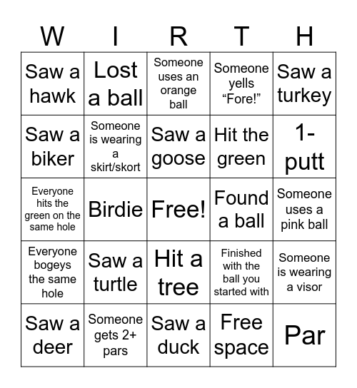 Wirth Bingo Card