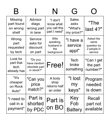 Parts Dept Bingo Card