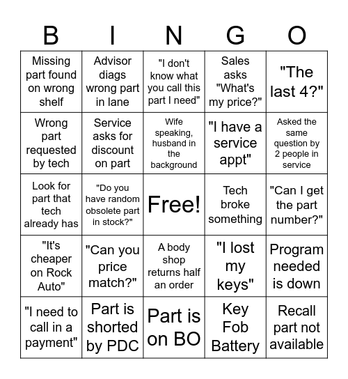 Parts Dept Bingo Card