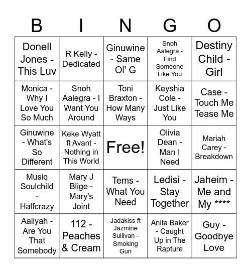R&B Bingo: A.N.D. x G.O.D. Bingo Card