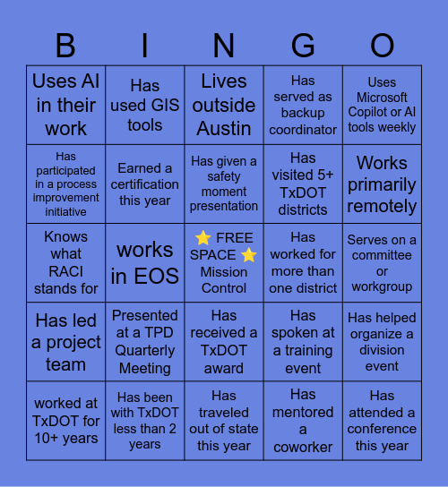 TPD Mission Connect Bingo Card