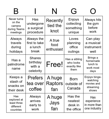 Human Bingo: Find a Co-Worker Who.. Bingo Card