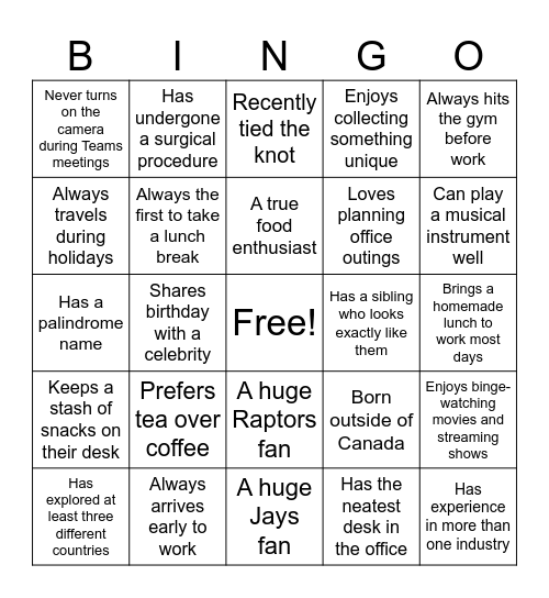 Human Bingo: Find a Co-Worker Who.. Bingo Card